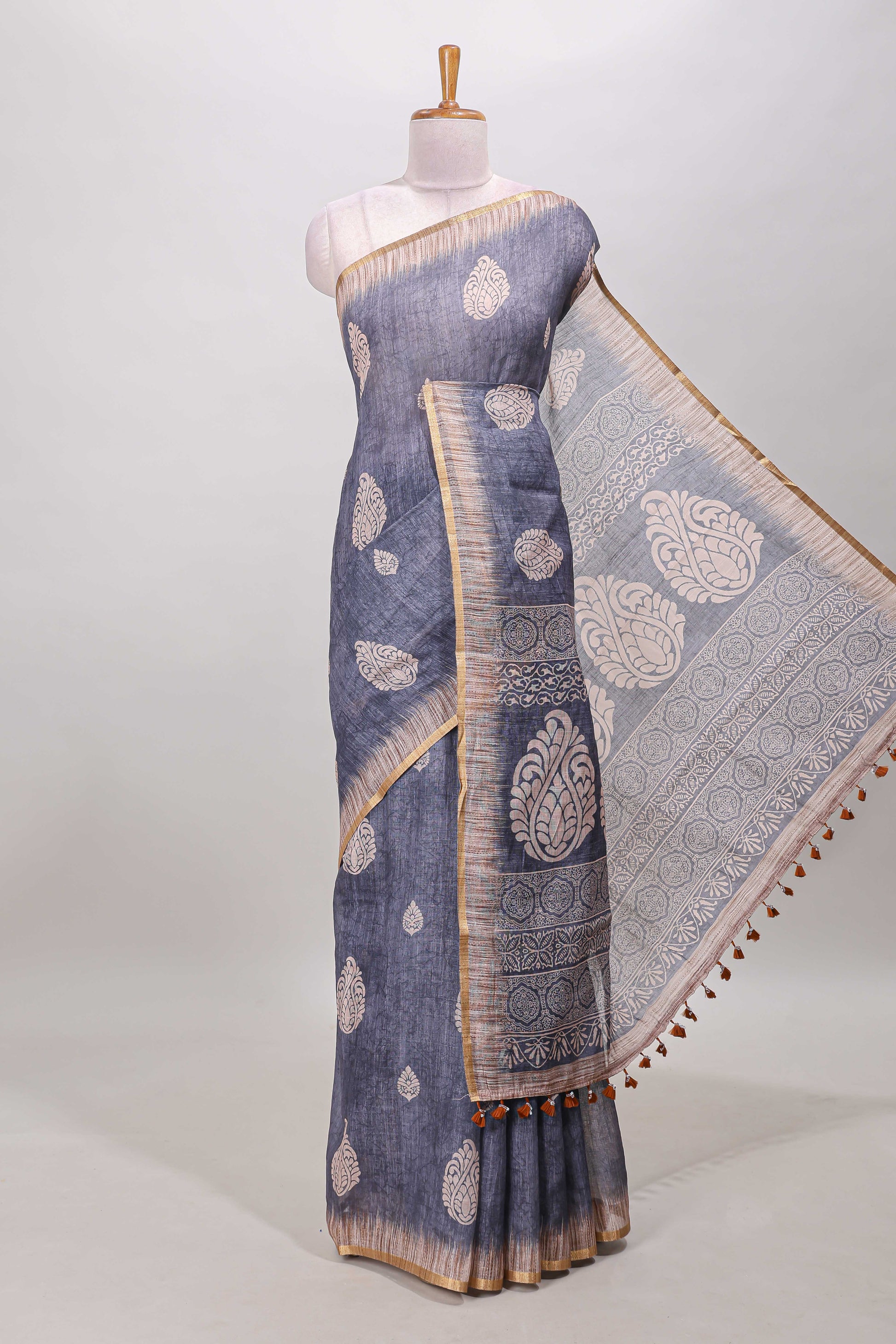Slate blue grey paisley motifs linen cotton saree
