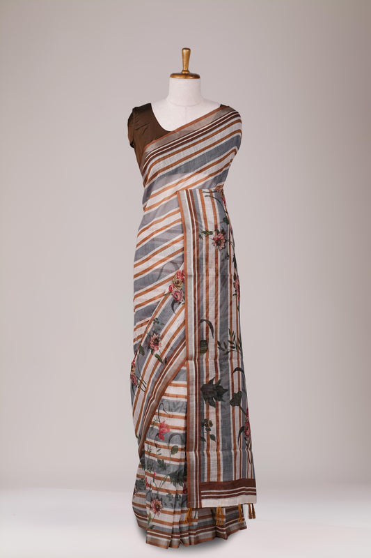 Stylish Brown blue linen weave saree