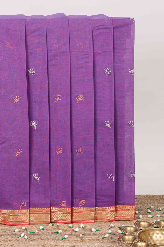 Lavender floral motifs design chirala cotton saree with contrast border and printed pallu