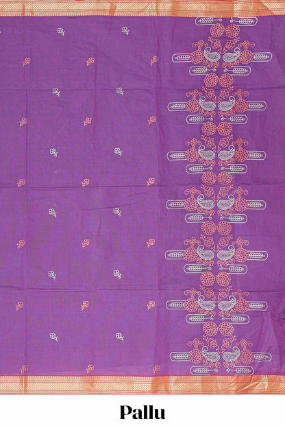 Lavender floral motifs design chirala cotton saree with contrast border and printed pallu