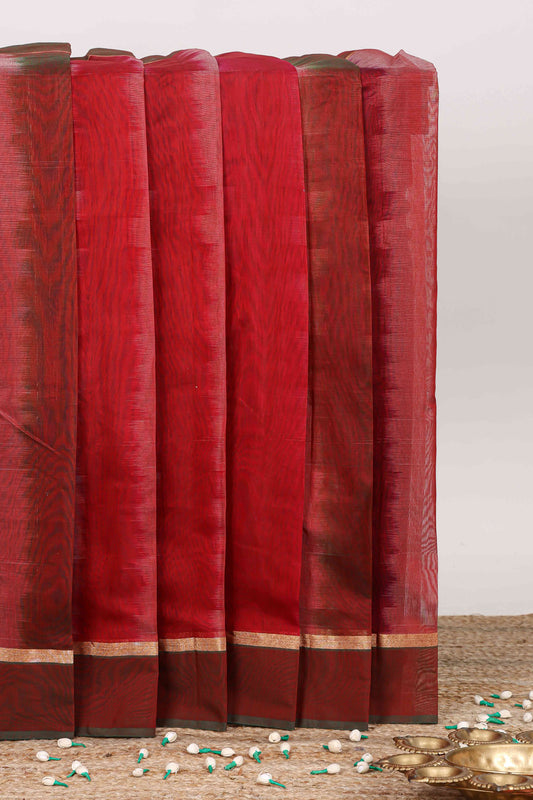 Maroon plain ikkat cotton saree with contrast border and zari striped pallu