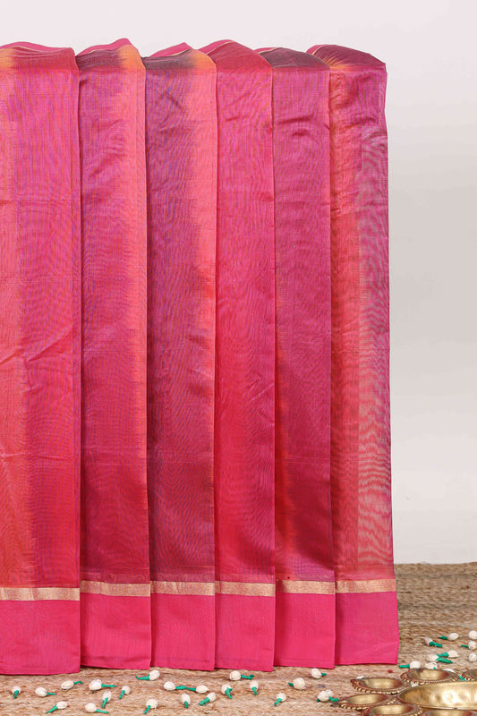 Pink plain ikkat cotton saree with contrast border and zari striped pallu