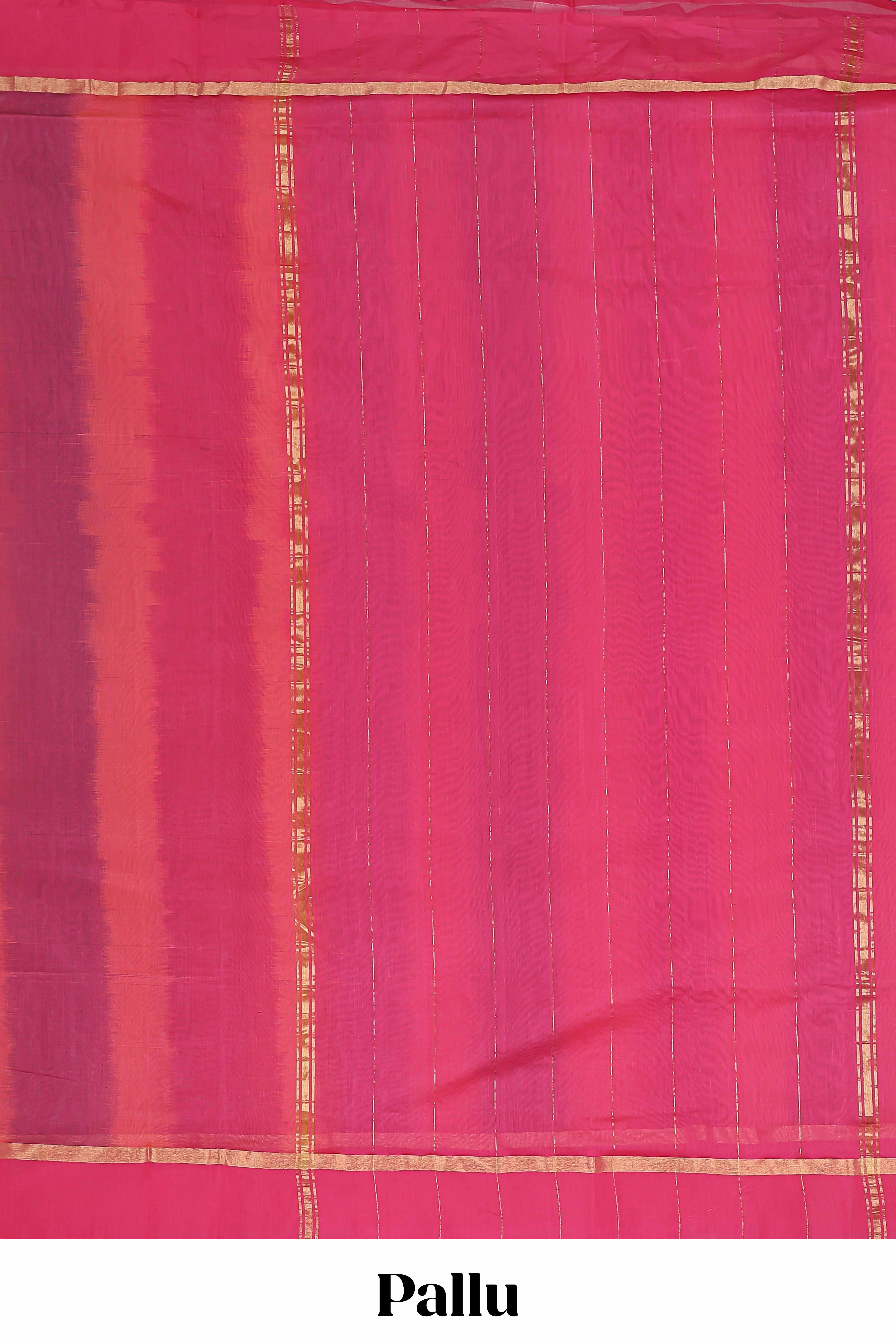 Pink plain ikkat cotton saree with contrast border and zari striped pallu