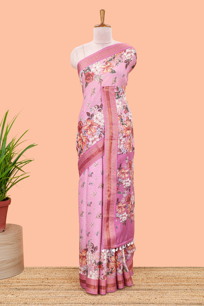 Pink chirala cotton floral digital print saree with zari border