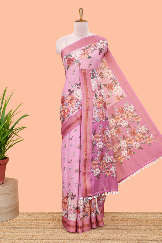 Pink chirala cotton floral digital print saree with zari border