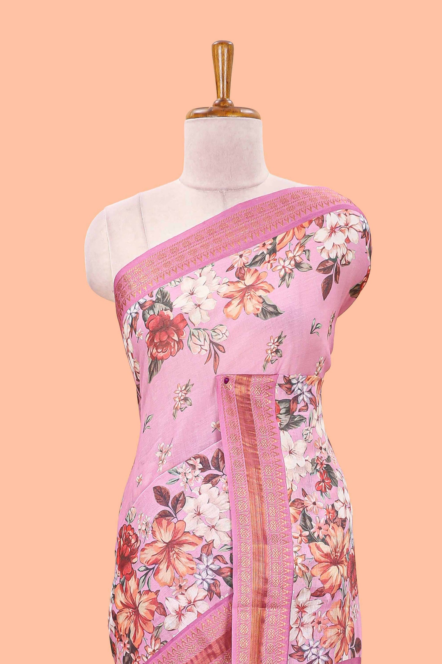 Pink chirala cotton floral digital print saree with zari border