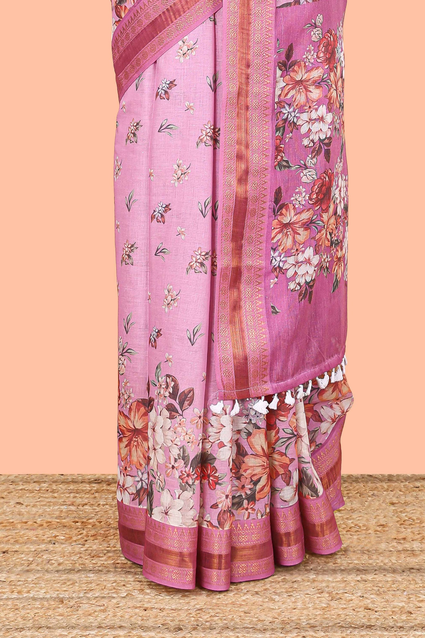 Pink chirala cotton floral digital print saree with zari border