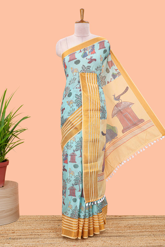 Green chirala cotton floral and animal theme digital print saree with zari border