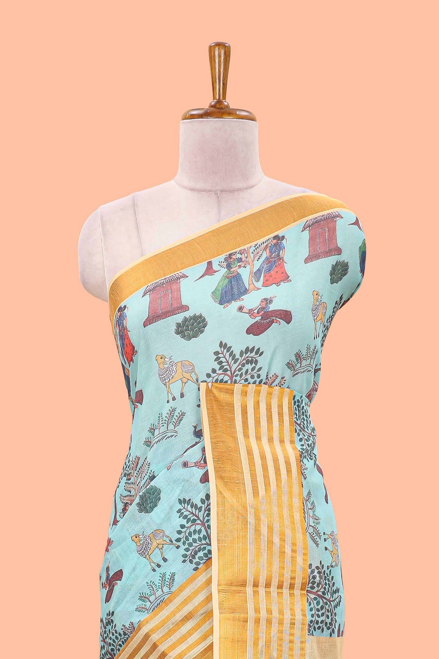 Green chirala cotton floral and animal theme digital print saree with zari border