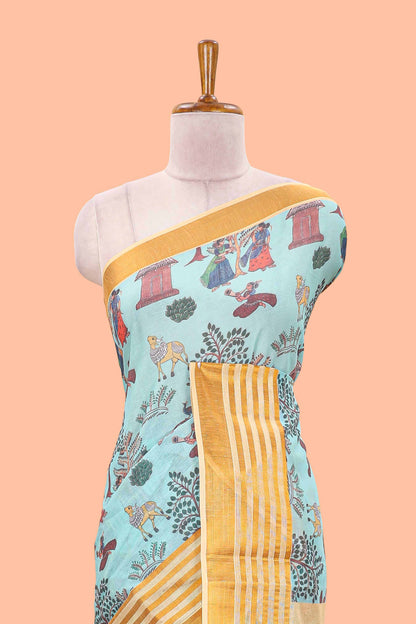 Green chirala cotton floral and animal theme digital print saree with zari border