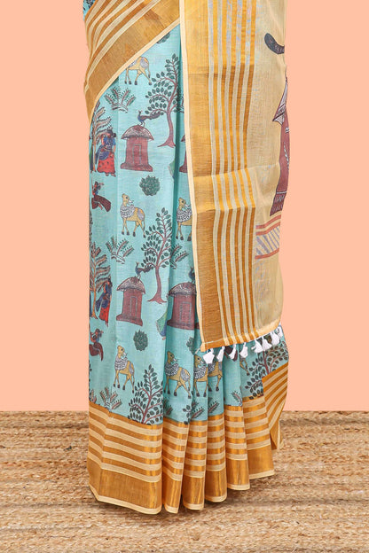 Green chirala cotton floral and animal theme digital print saree with zari border