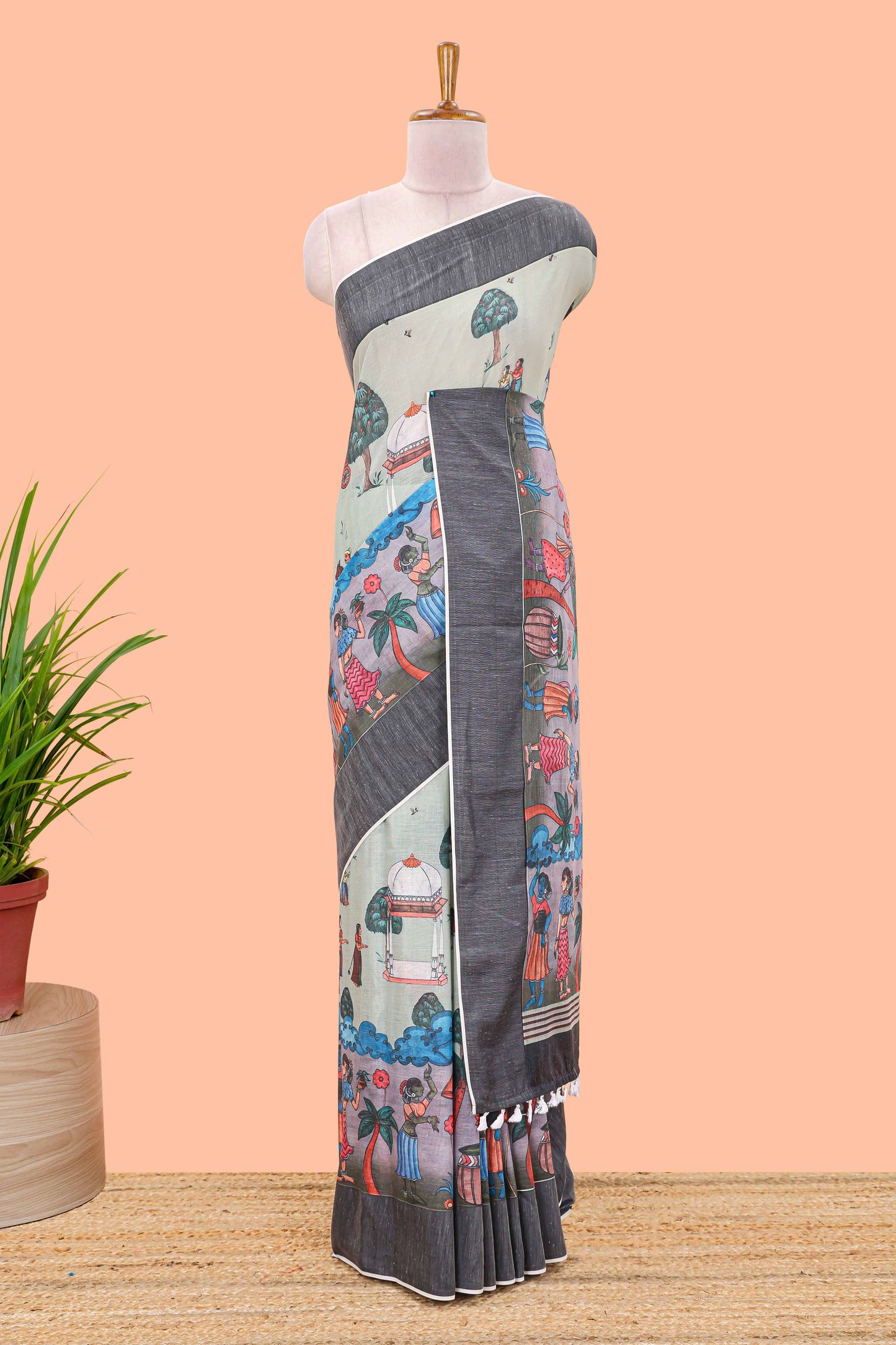 Green chirala cotton floral and animal theme digital print saree with zari border