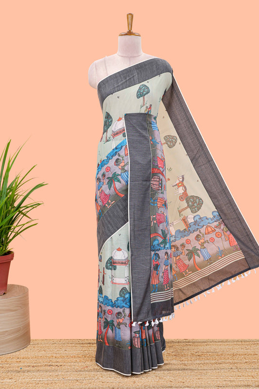 Green chirala cotton floral and animal theme digital print saree with zari border