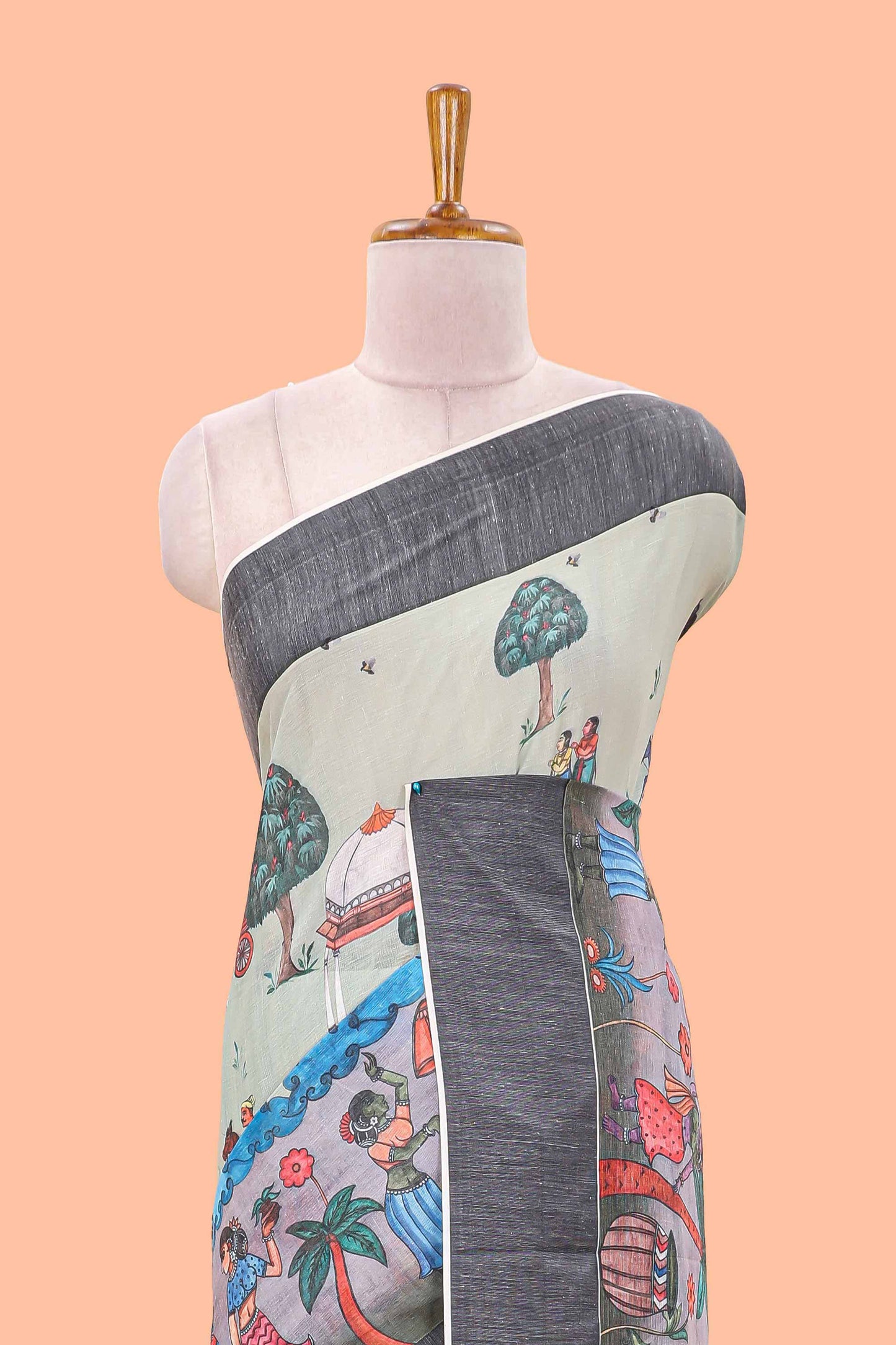 Green chirala cotton floral and animal theme digital print saree with zari border