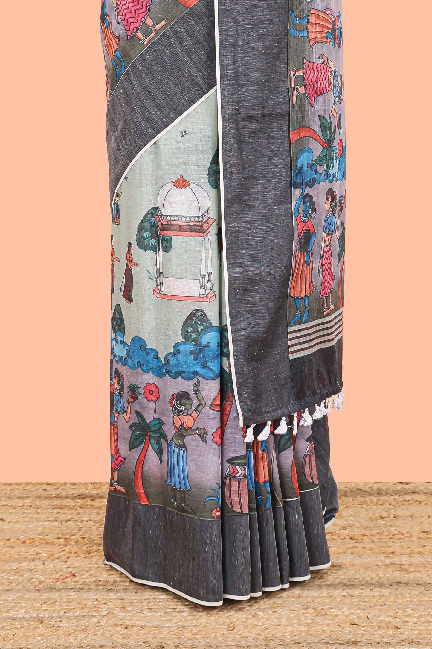 Green chirala cotton floral and animal theme digital print saree with zari border