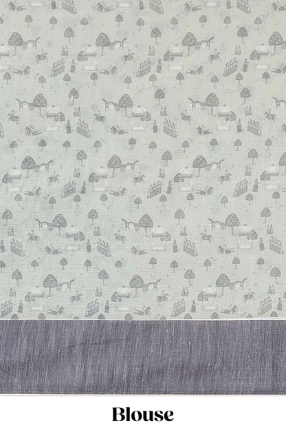 Green chirala cotton floral and animal theme digital print saree with zari border