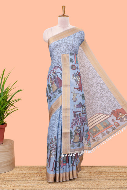 Turquoise blue chirala cotton floral and animal theme digital print saree with zari border