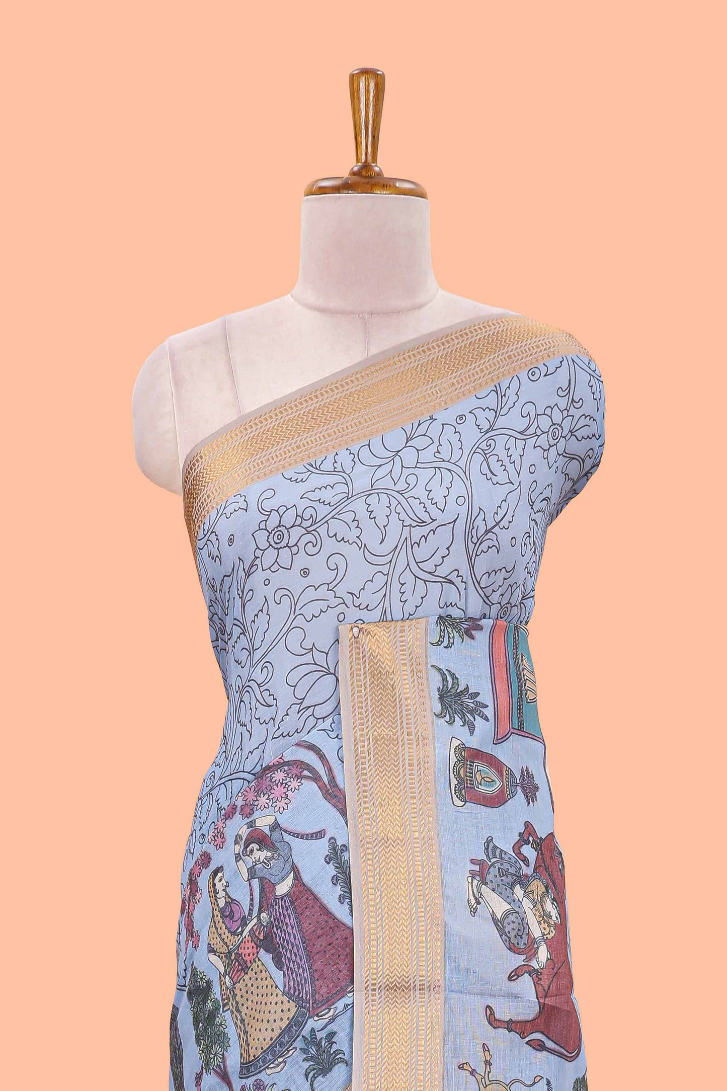 Turquoise blue chirala cotton floral and animal theme digital print saree with zari border