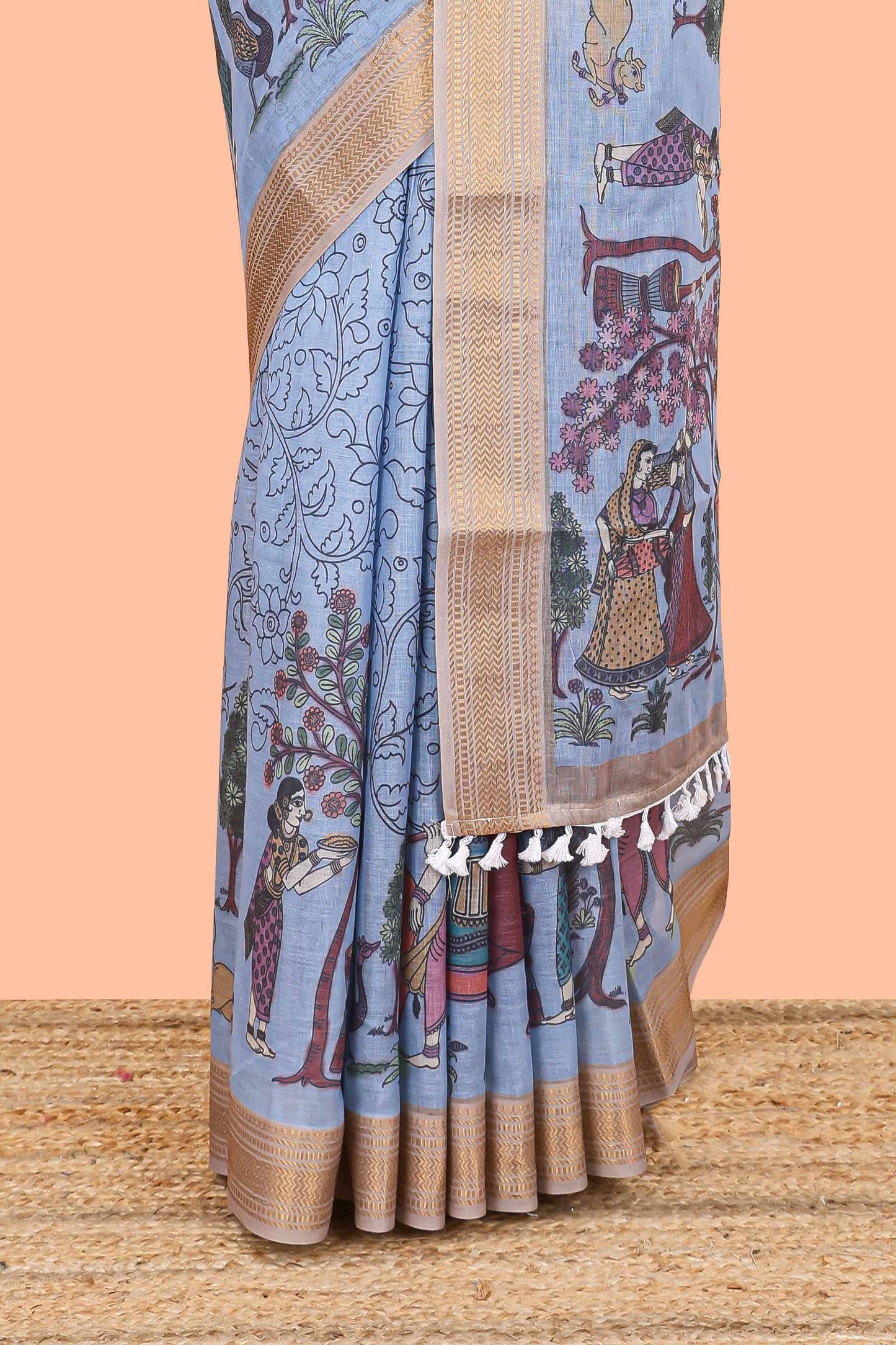 Turquoise blue chirala cotton floral and animal theme digital print saree with zari border