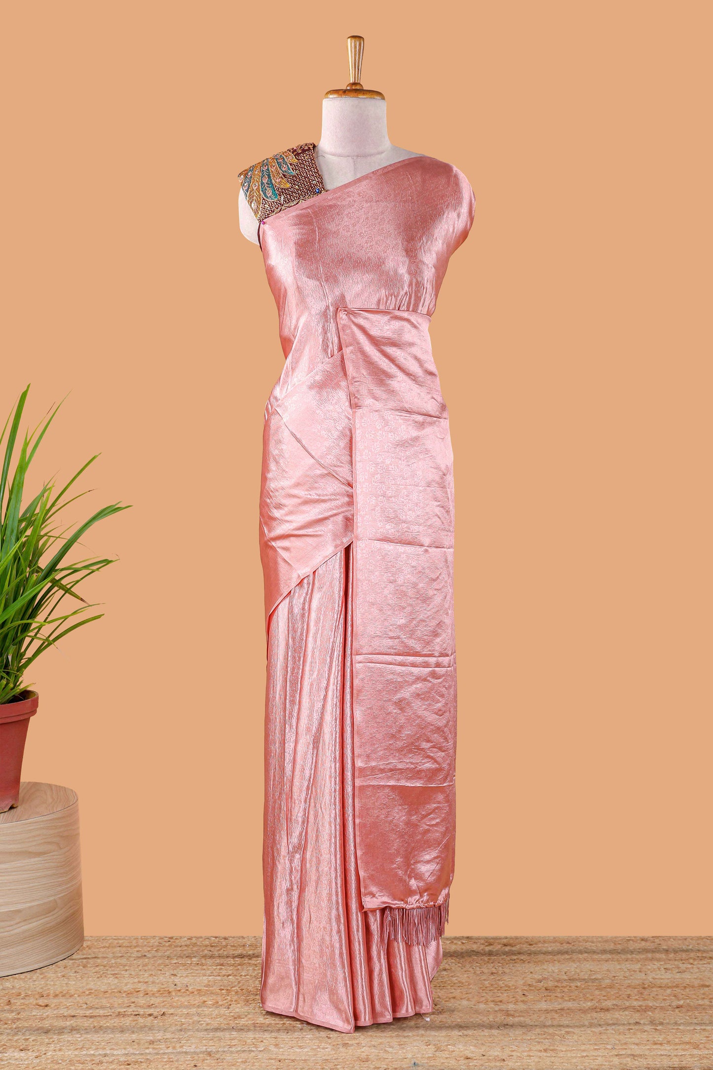 Borderless Pink Jacquard Satin Georgette Crush Saree paired with a contrast blouse featuring exquisite peacock embroidery