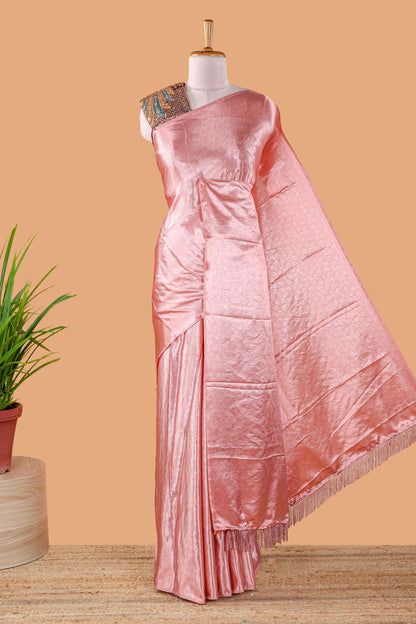 Borderless Pink Jacquard Satin Georgette Crush Saree paired with a contrast blouse featuring exquisite peacock embroidery
