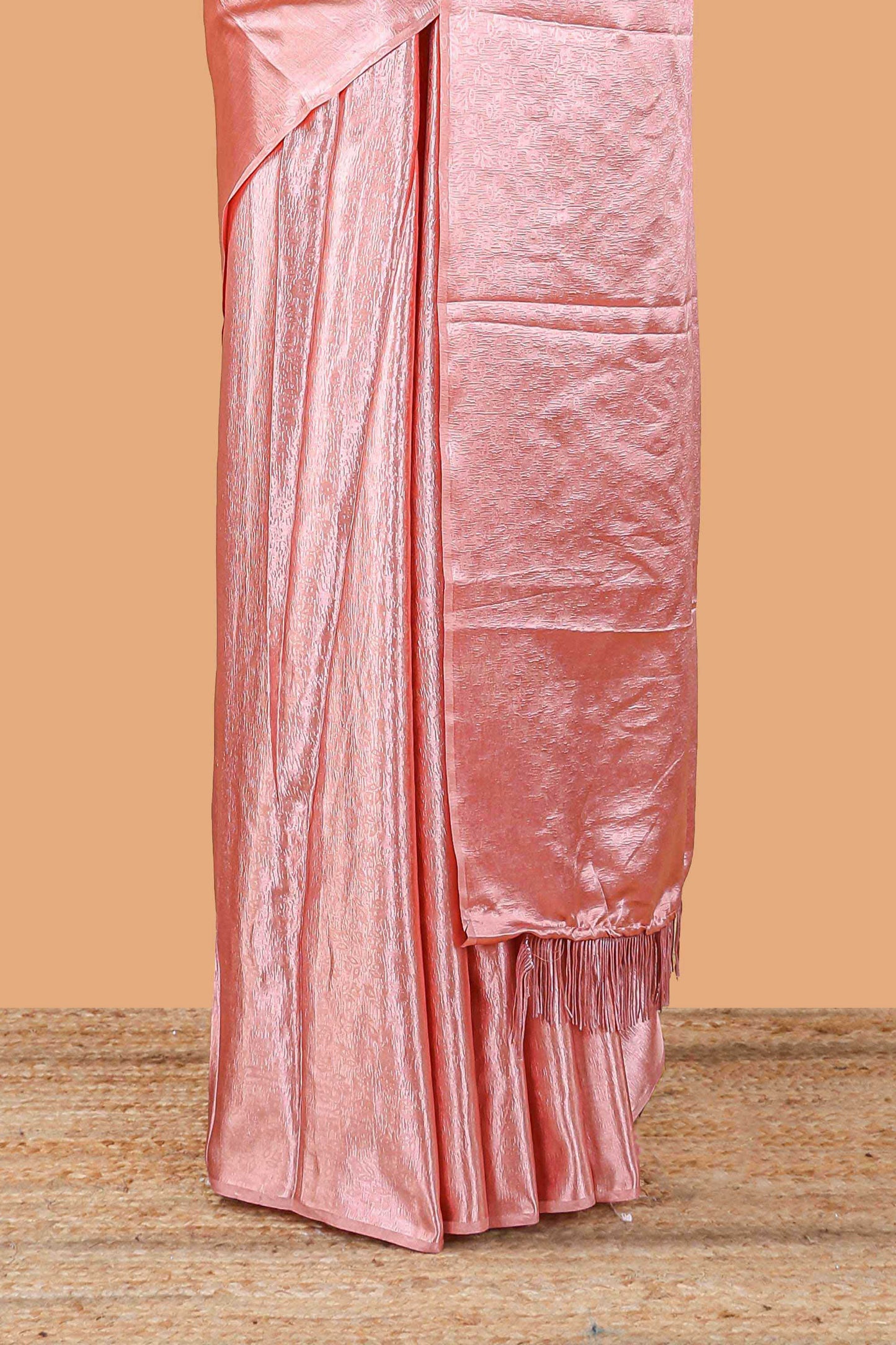 Borderless Pink Jacquard Satin Georgette Crush Saree paired with a contrast blouse featuring exquisite peacock embroidery