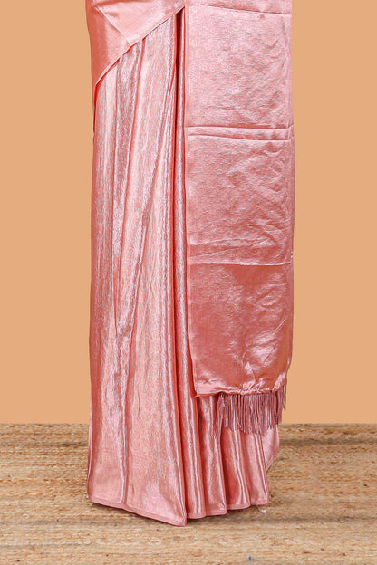 Borderless Pink Jacquard Satin Georgette Crush Saree paired with a contrast blouse featuring exquisite peacock embroidery