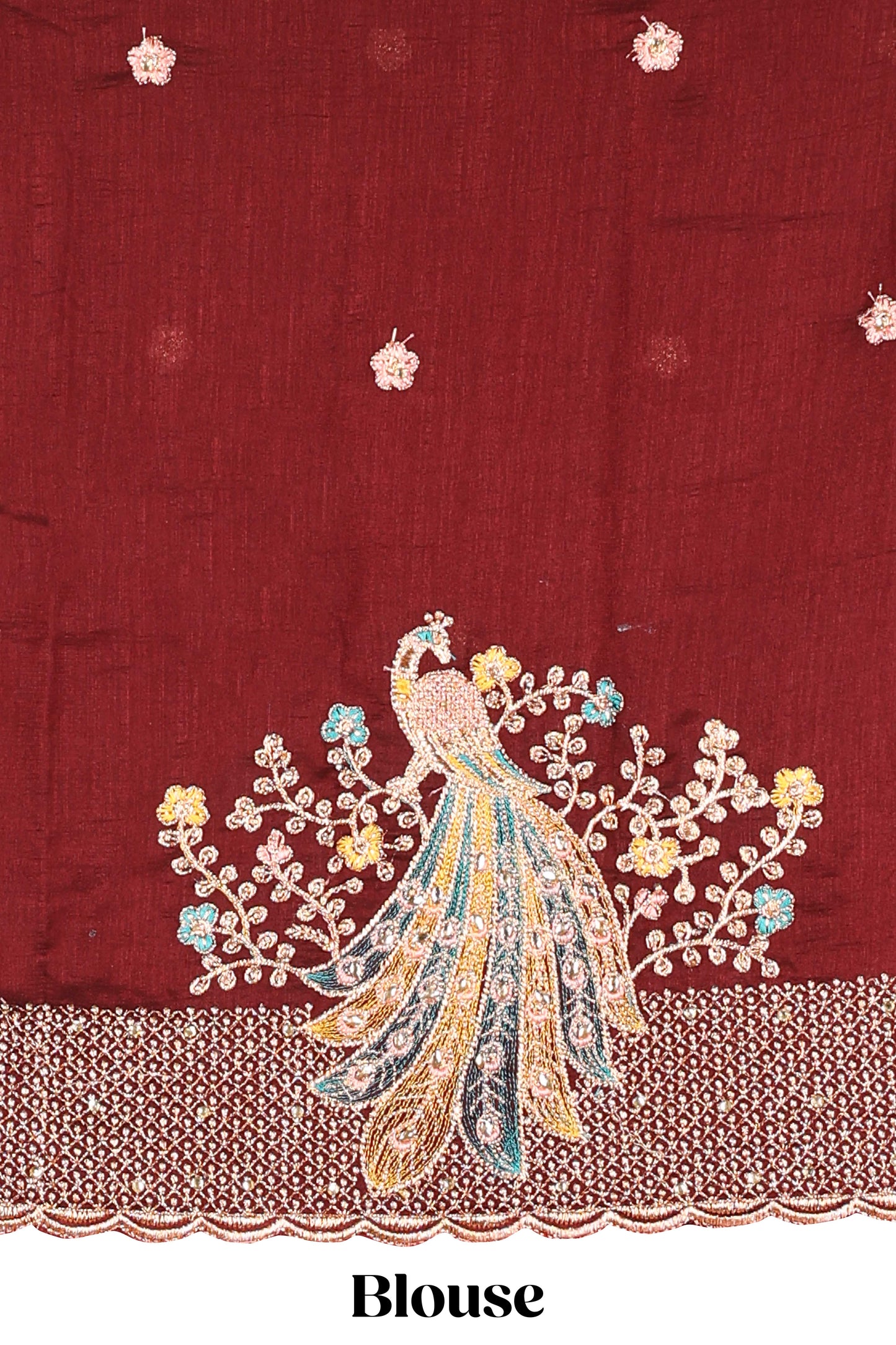 Borderless Pink Jacquard Satin Georgette Crush Saree paired with a contrast blouse featuring exquisite peacock embroidery