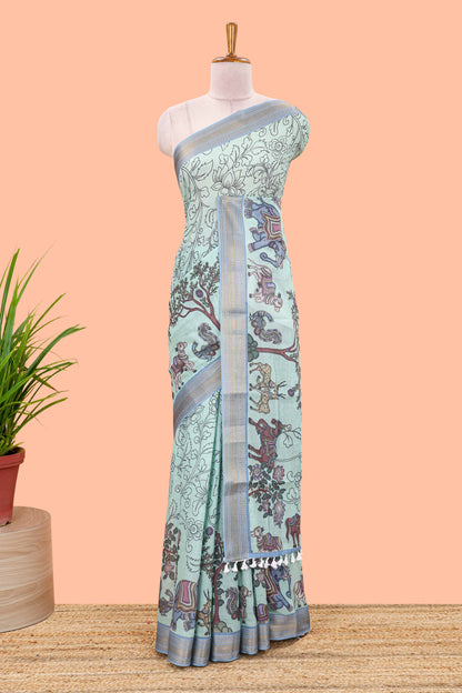 Turquoise green chirala cotton floral and animal theme digital print saree with zari border