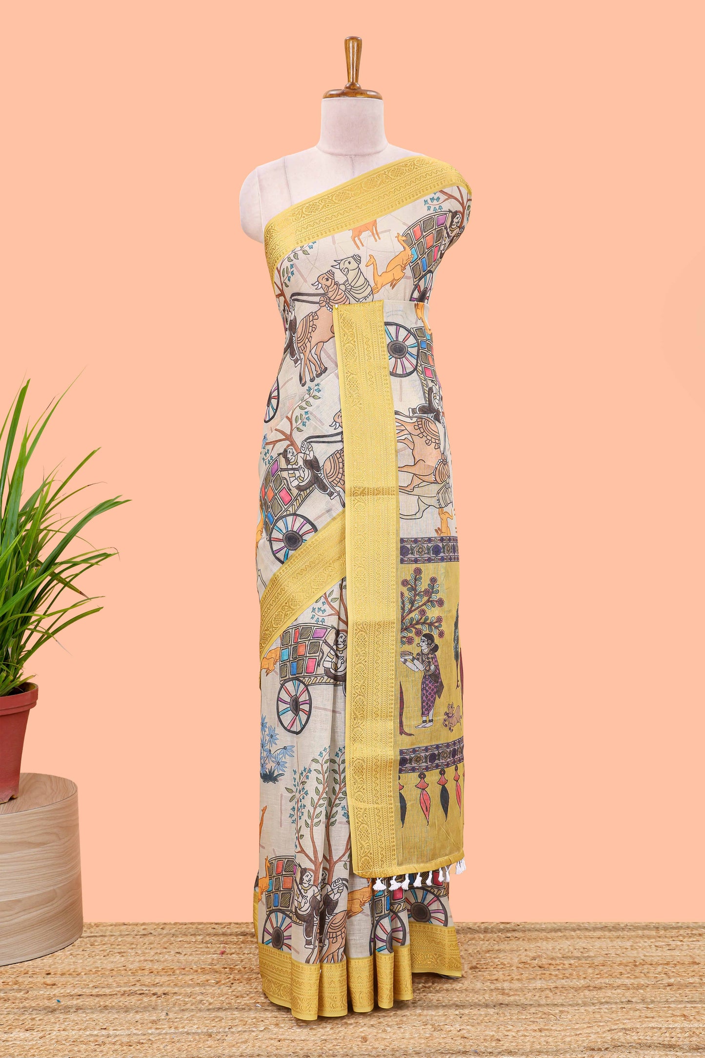 Beige chirala cotton floral and animal theme digital print saree with zari border