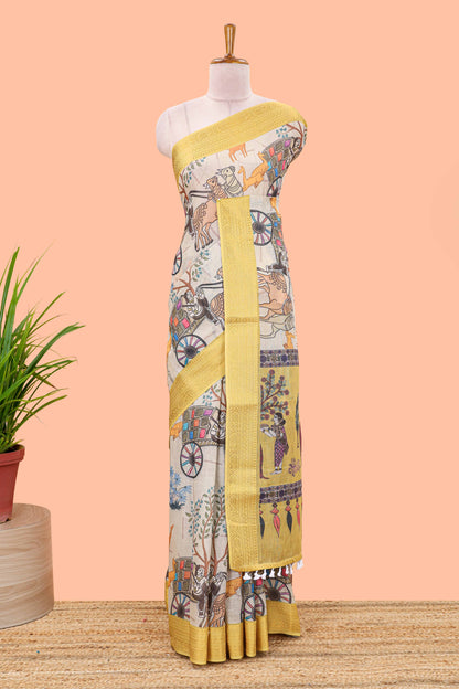 Beige chirala cotton floral and animal theme digital print saree with zari border