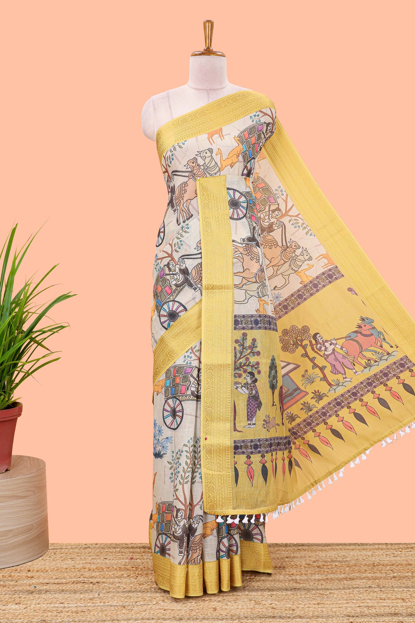 Beige chirala cotton floral and animal theme digital print saree with zari border