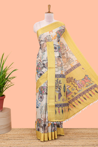 Beige chirala cotton floral and animal theme digital print saree with zari border