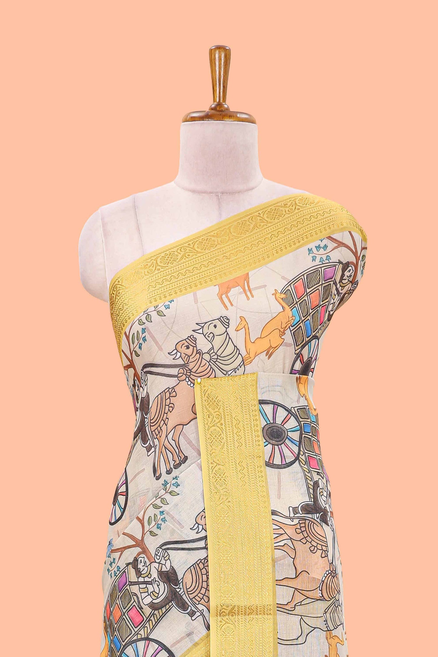 Beige chirala cotton floral and animal theme digital print saree with zari border