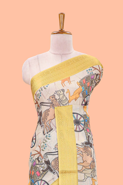 Beige chirala cotton floral and animal theme digital print saree with zari border