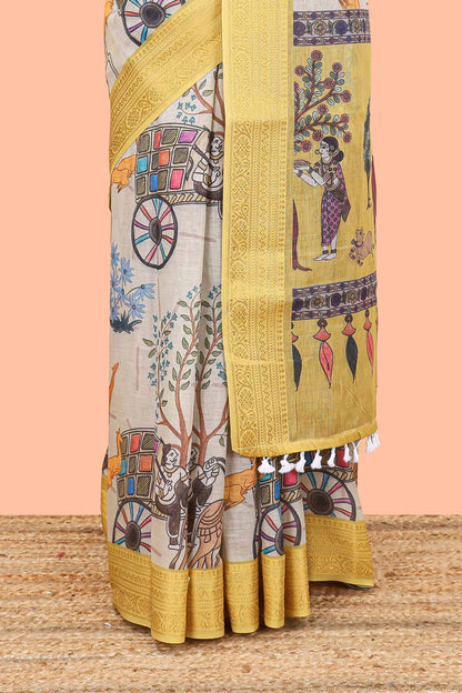 Beige chirala cotton floral and animal theme digital print saree with zari border