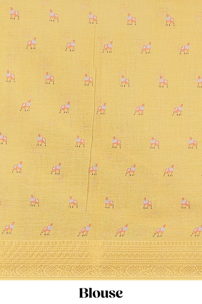 Beige chirala cotton floral and animal theme digital print saree with zari border