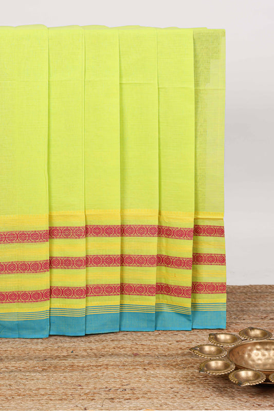Green plain bottom striped chirala cotton saree with contrast border and striped pallu & blouse