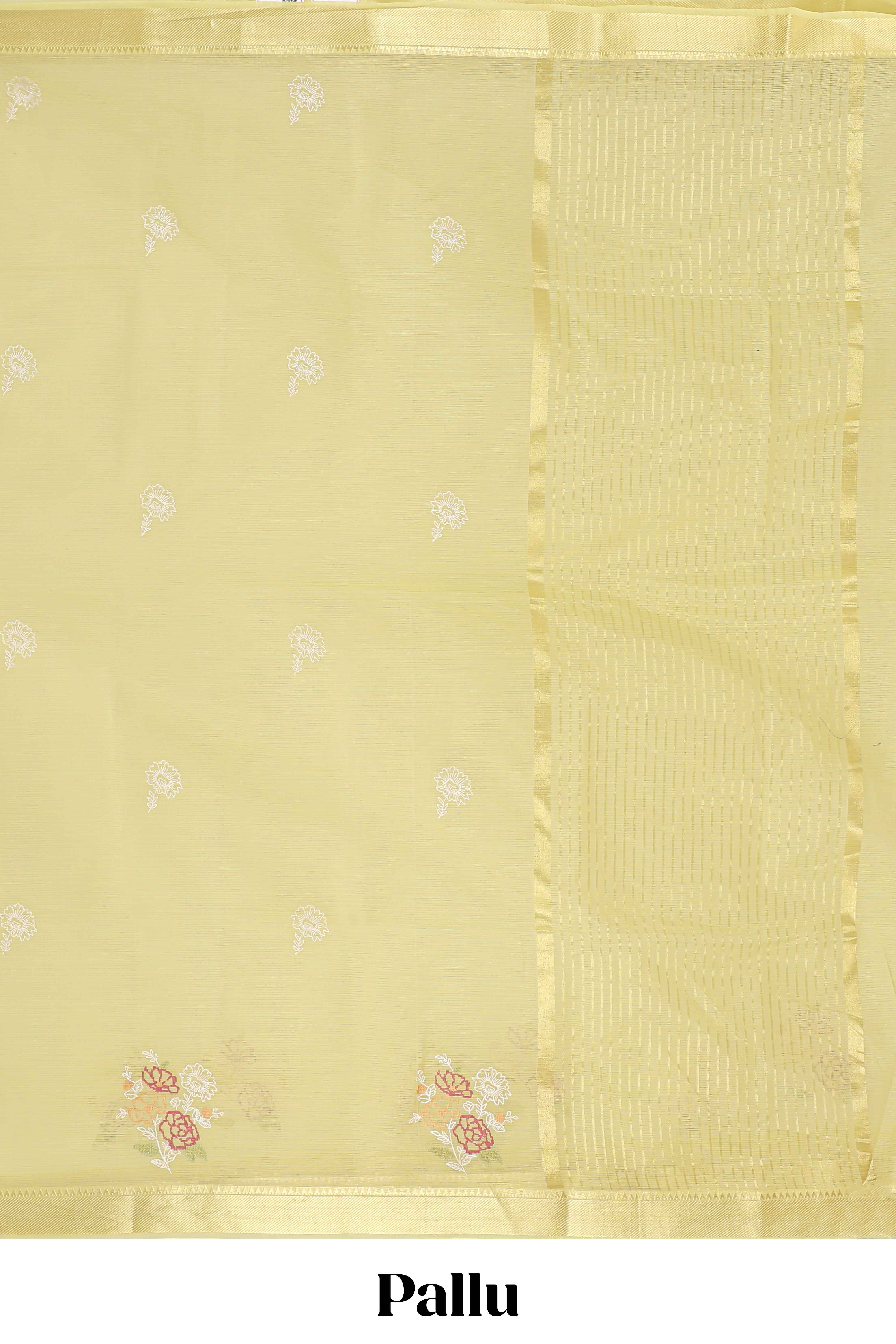 Green floral design chirala cotton saree with self zari border and matching pallu