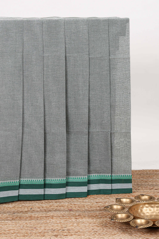 Grey plain chirala cotton saree with contrast border and striped pallu