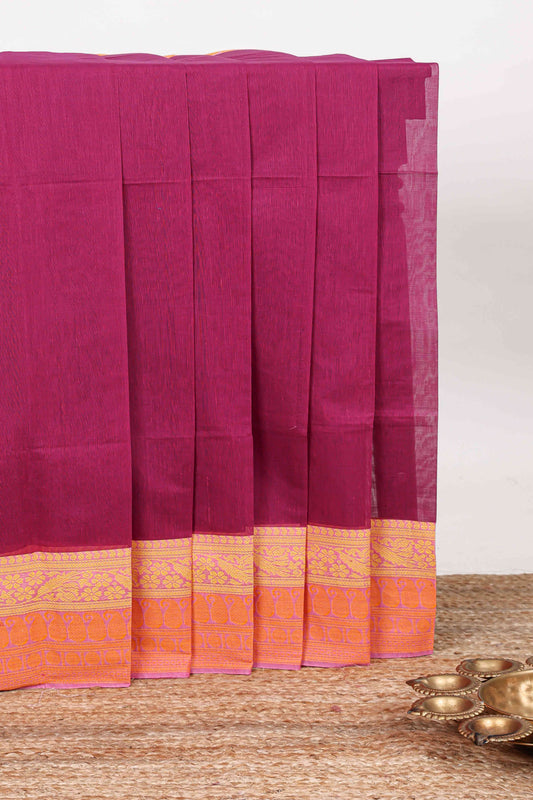 Maroon plain chirala cotton saree with contrast border and striped pallu