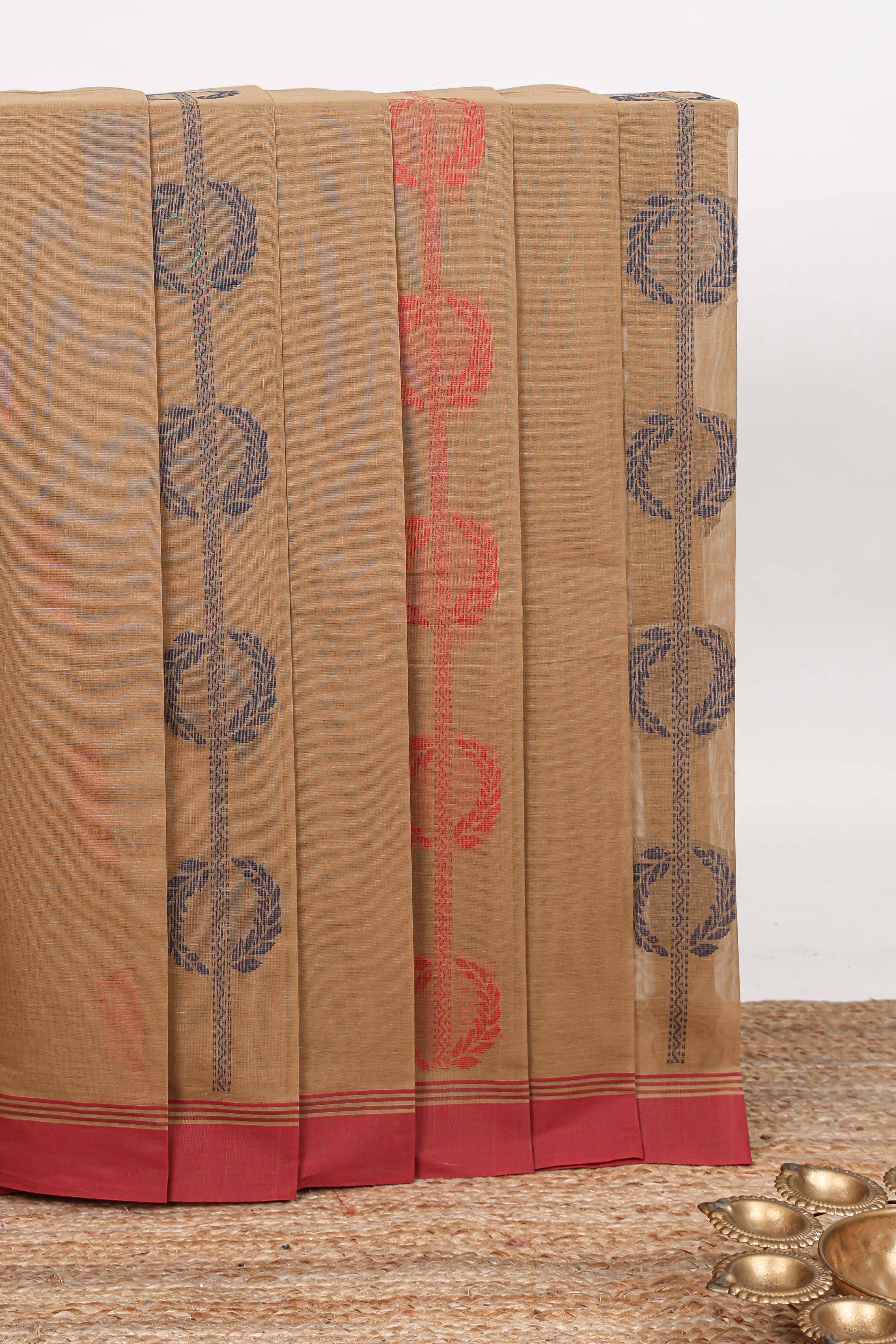 Brown striped leaf motifs kovai cotton saree with contrast border and matching pallu