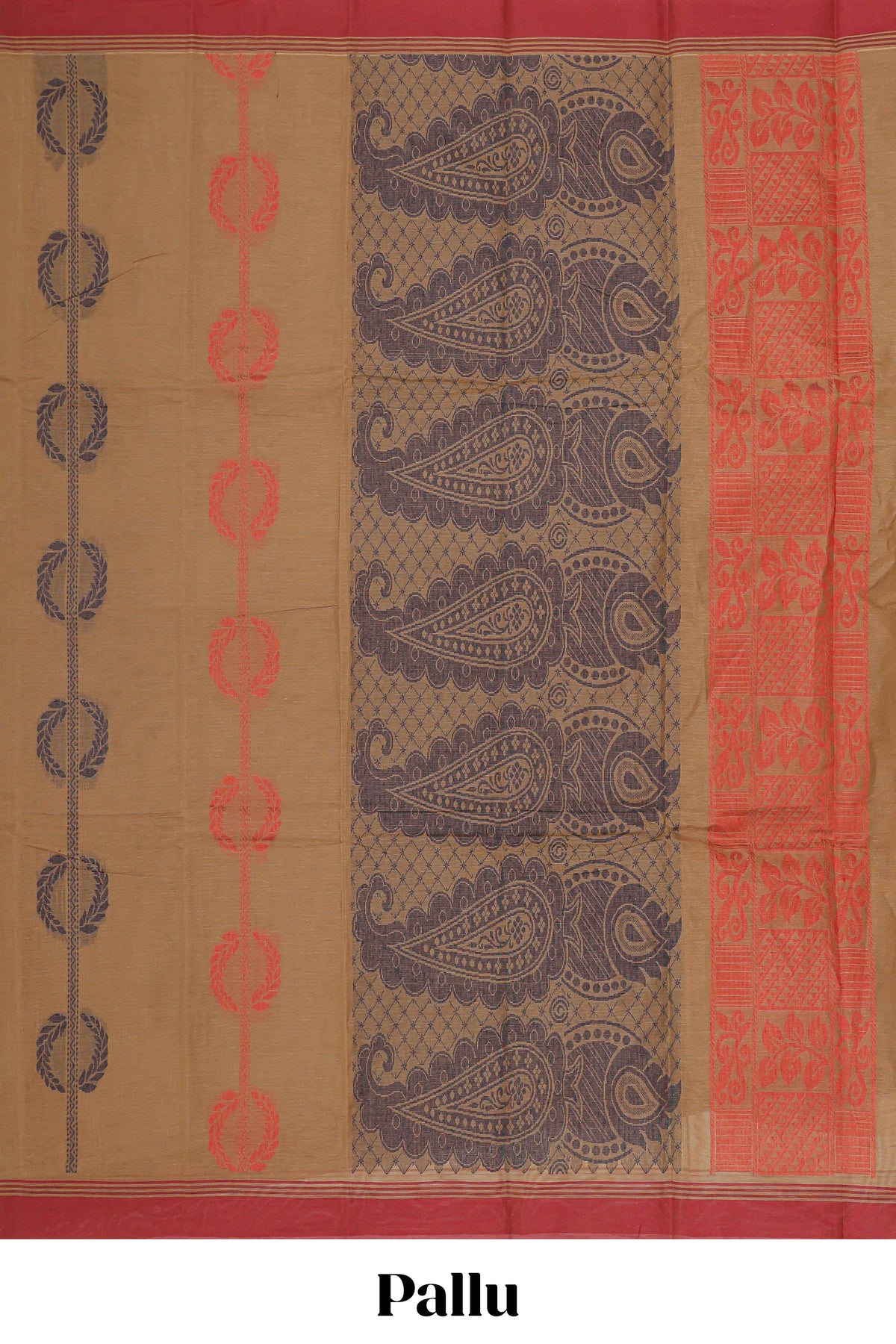 Brown striped leaf motifs kovai cotton saree with contrast border and matching pallu