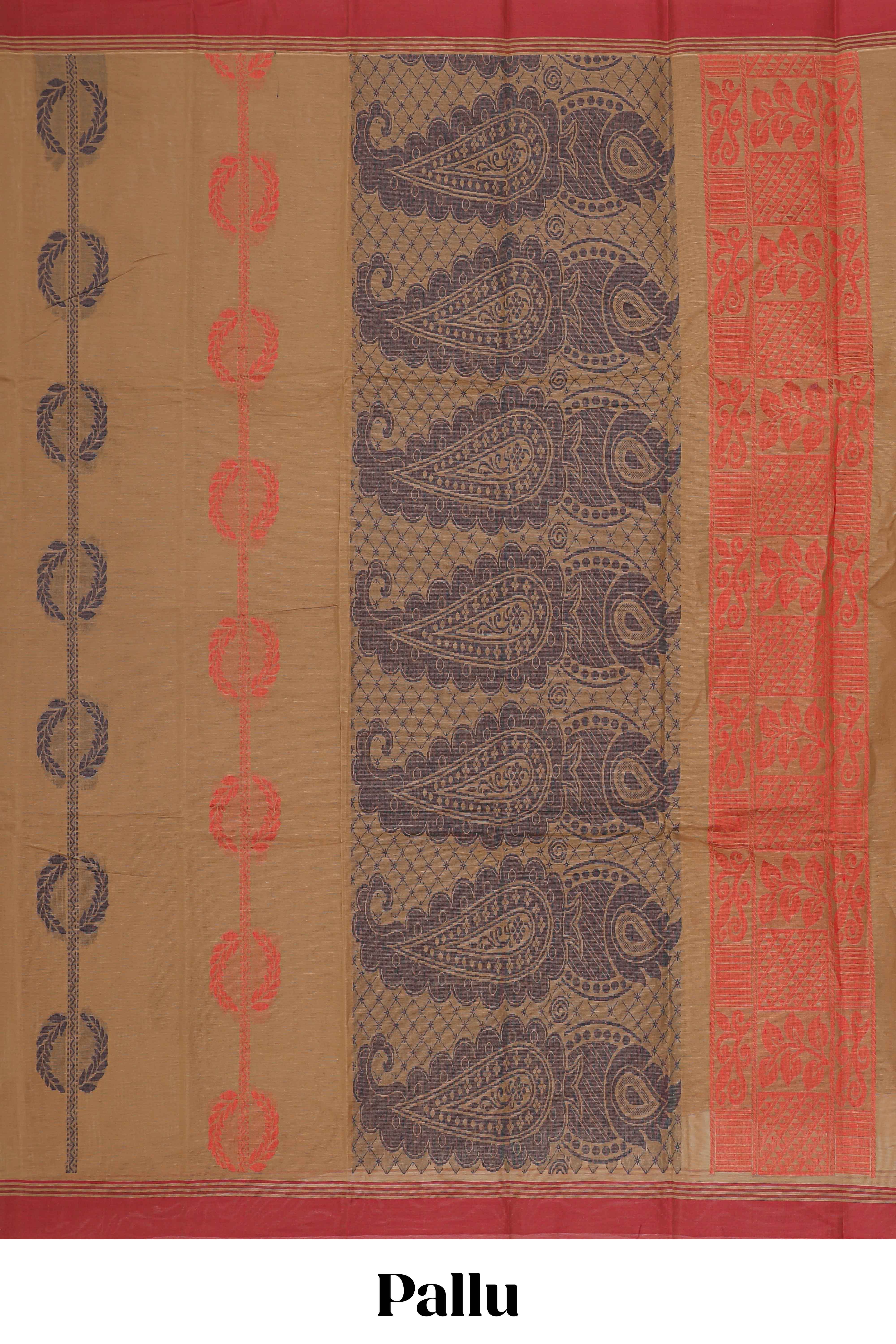 Brown striped leaf motifs kovai cotton saree with contrast border and matching pallu