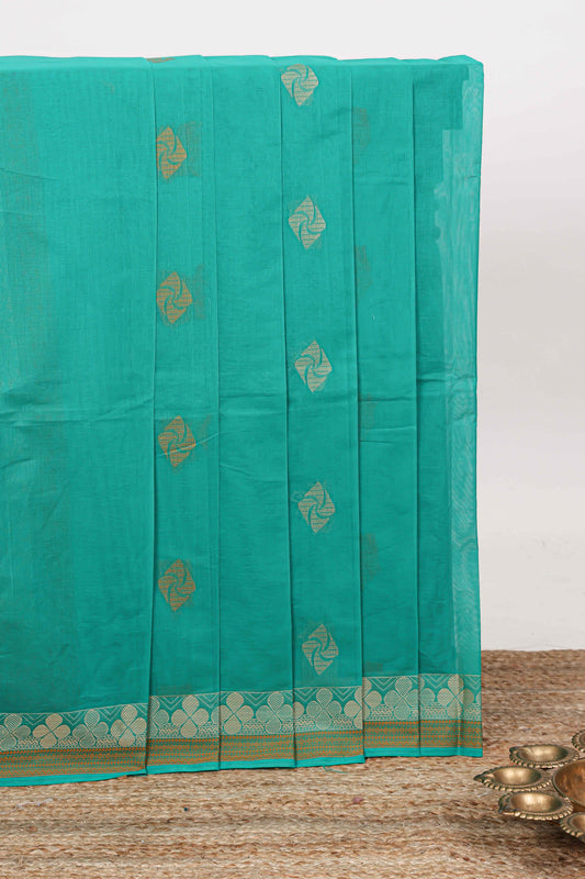 Turquoise green geometric motifs Kovai cotton saree with self border and matching pallu