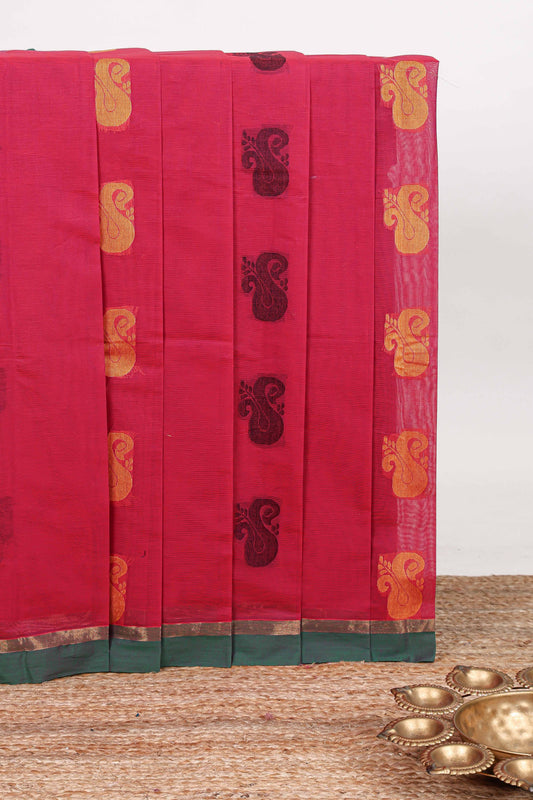 Red motifs kovai cotton saree with contrast border and matching pallu