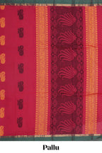 Red motifs kovai cotton saree with contrast border and matching pallu