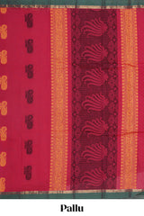 Red motifs kovai cotton saree with contrast border and matching pallu