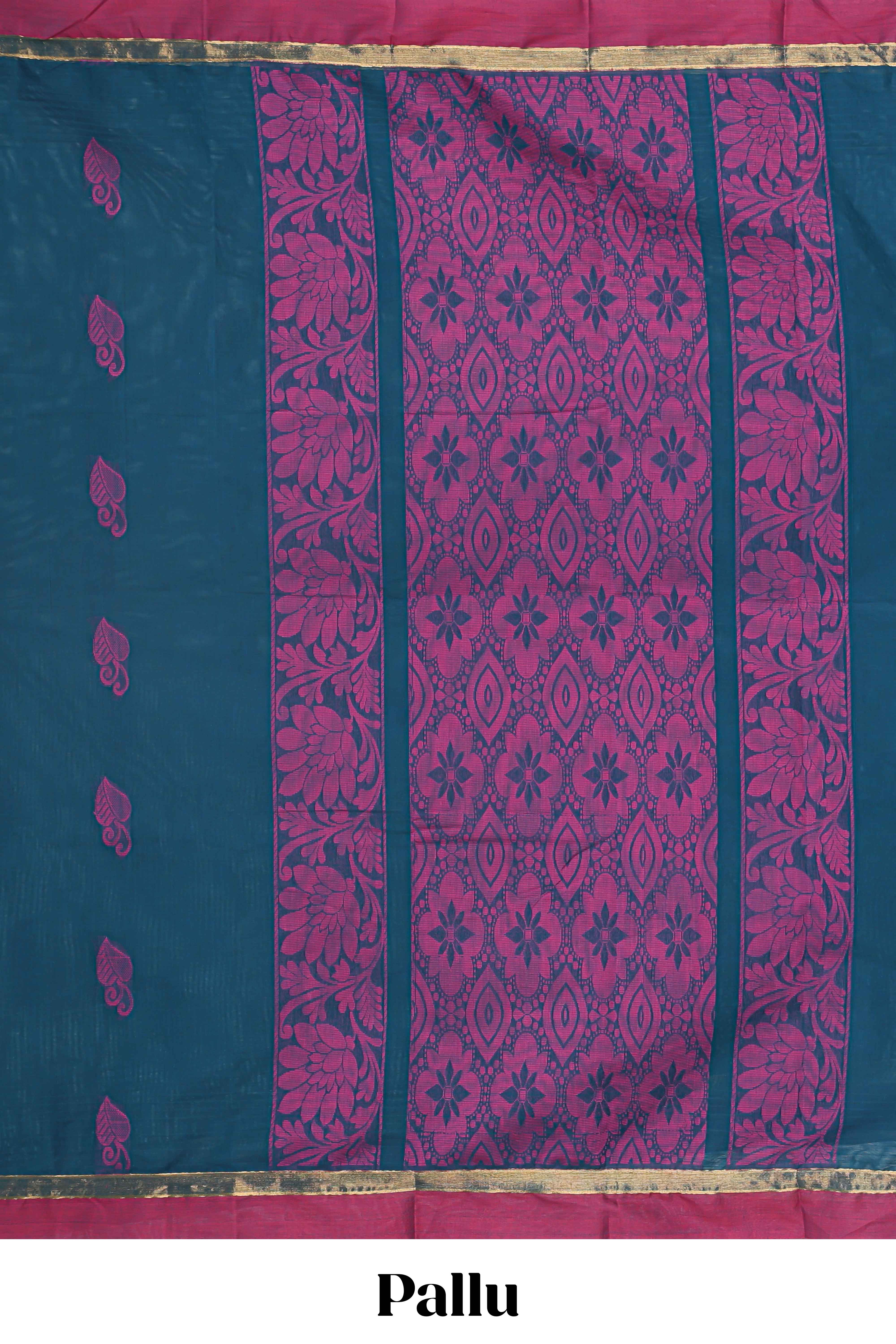 Steel blue floral motifs kovai cotton saree with contrast border and matching pallu