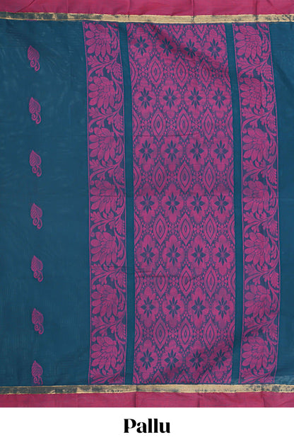 Steel blue floral motifs kovai cotton saree with contrast border and matching pallu